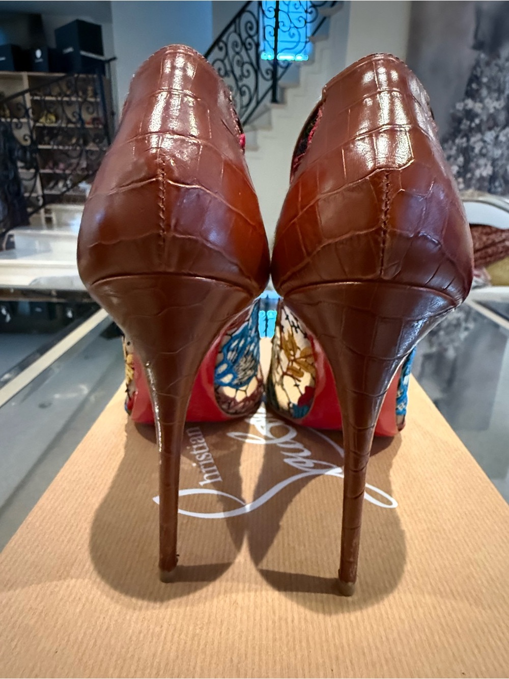 Christian Louboutin Blue and Green Embroidered Pointed Toe Pumps - Picture 6 of 8